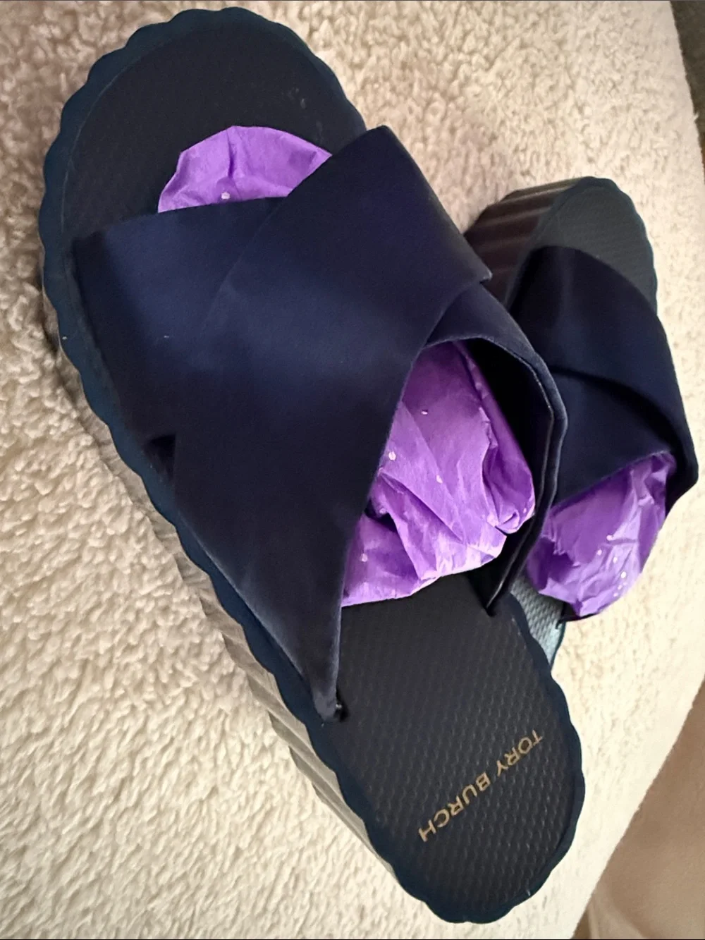 Tory Burch Navy Satin Crisscross Platform Slides